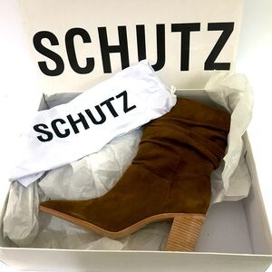 SCHUTZ Chocolate Brown Suede Block Heel Boots